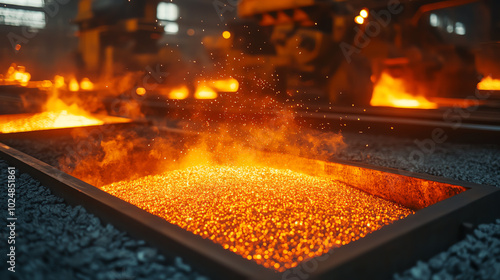 A close-up view of molten metal being poured into molds to create industrial products, showcasing the intense heat and vibrant orange glow.