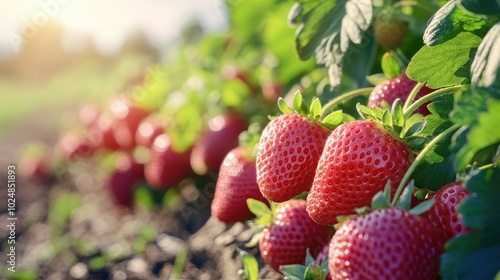 Rows of strawberries growing in a farm field, with clear background space for copy