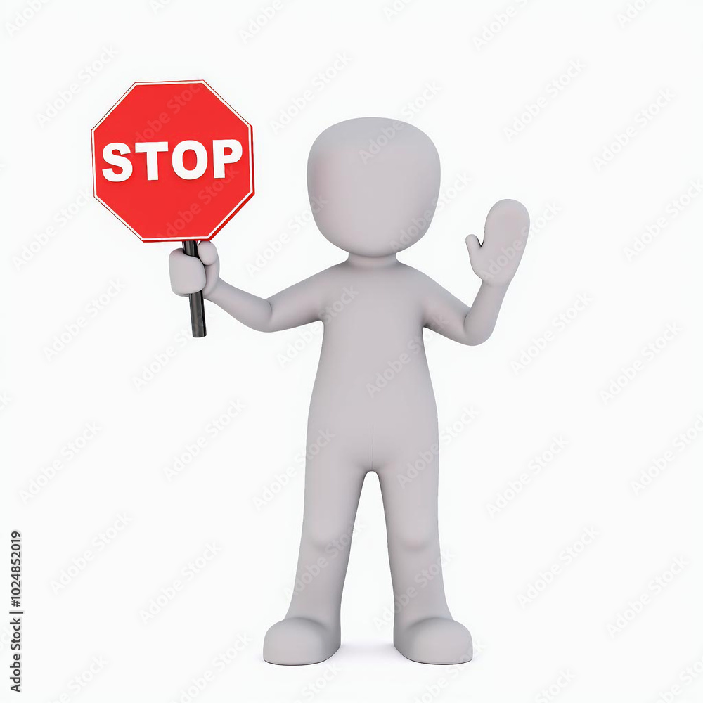 3D Man Holding Stop Sign, Isolated on White Background 3D Man Holding Stop Sign, Isolated on White Background