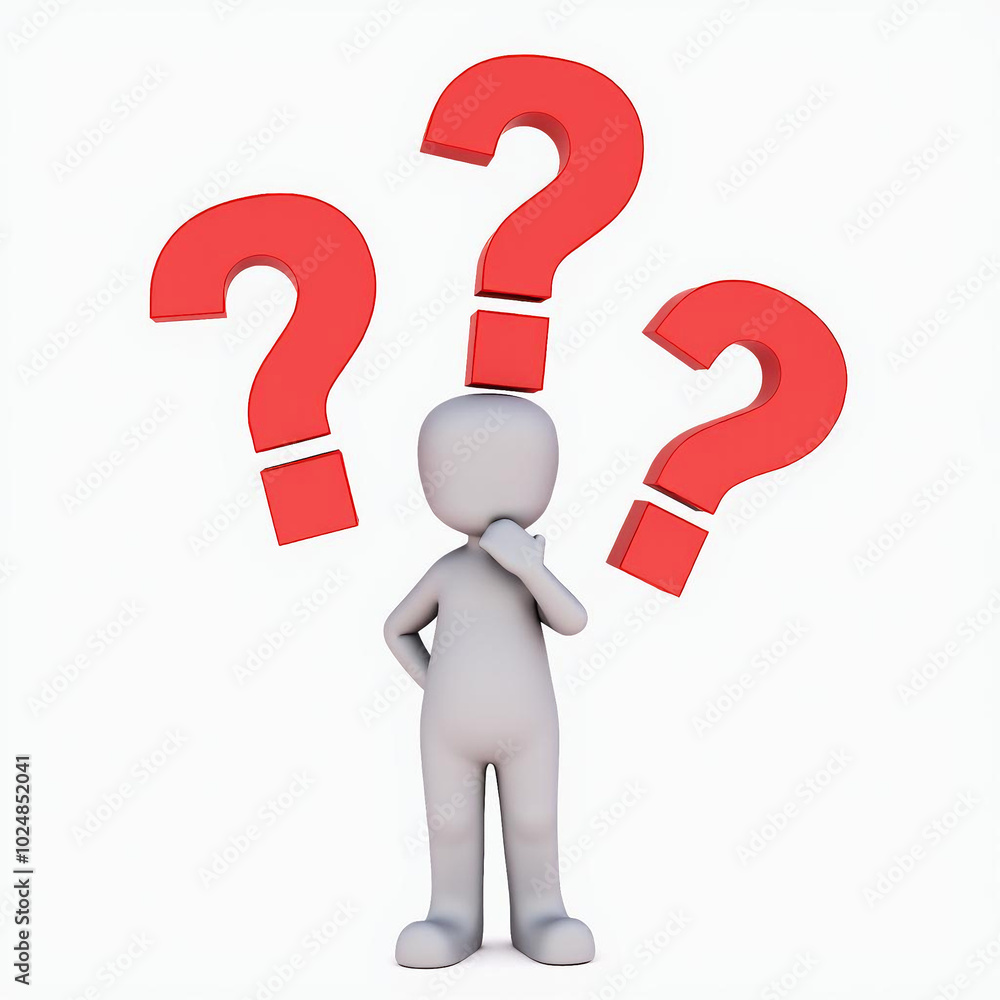 3D Man Thinking with Red Question Marks, Isolated on White Background 3D Man Thinking with Red Question Marks, Isolated on White Background