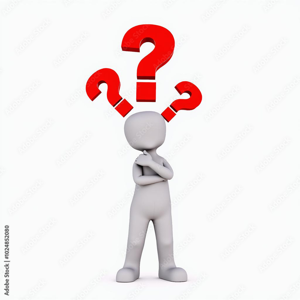 3D Man Thinking with Red Question Marks, Isolated on White Background 3D Man Thinking with Red Question Marks, Isolated on White Background