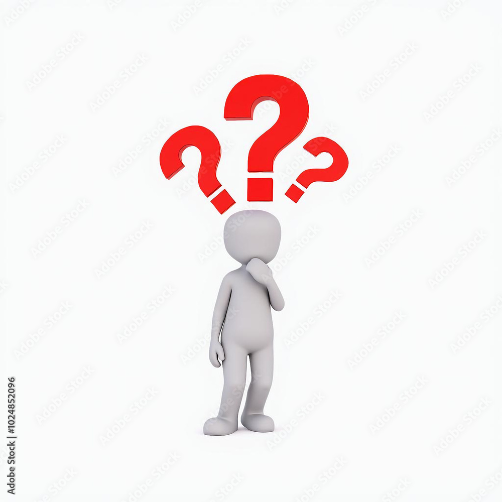 3D Man Thinking with Red Question Marks, Isolated on White Background 3D Man Thinking with Red Question Marks, Isolated on White Background