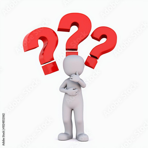 Obraz na płótnie 3D Man Thinking with Red Question Marks, Isolated on White Background