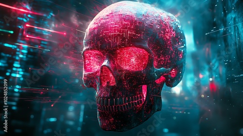 A cyberpunk skull with glowing red and cyan circuits embedded in its surface, surrounded by dynamic spray paint lines and neon splashes. photo