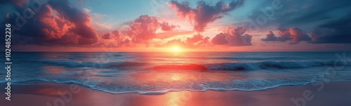 Sunset over the ocean with waves crashing on the beach