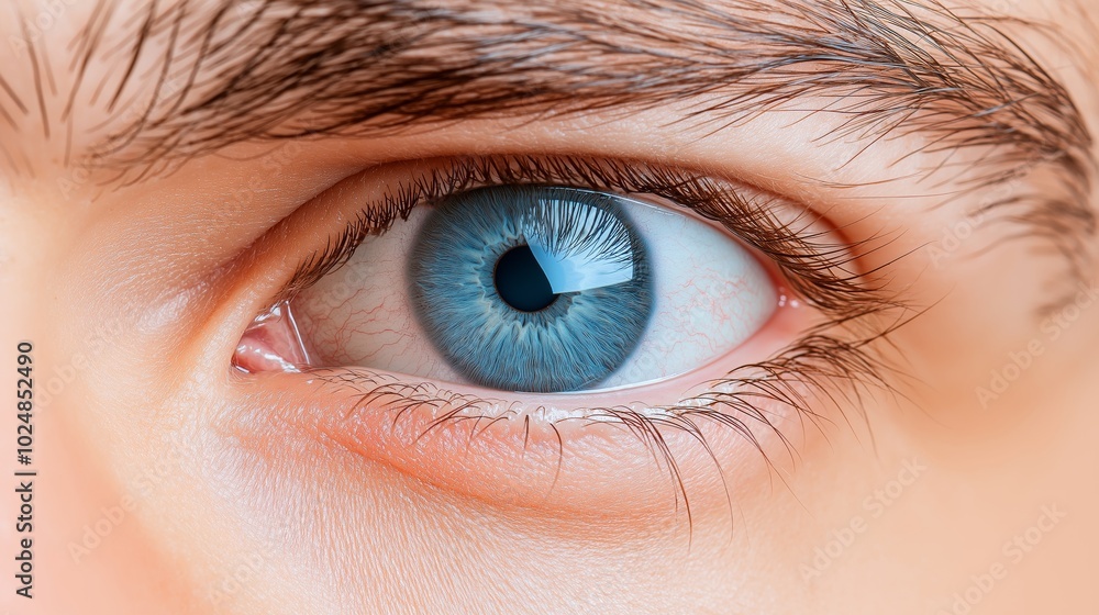 Fototapeta premium A captivating close-up photograph showcasing a human eye with striking blue iris. The image highlights intricate details of the eyelashes and skin texture, emphasizing beauty and clarity.