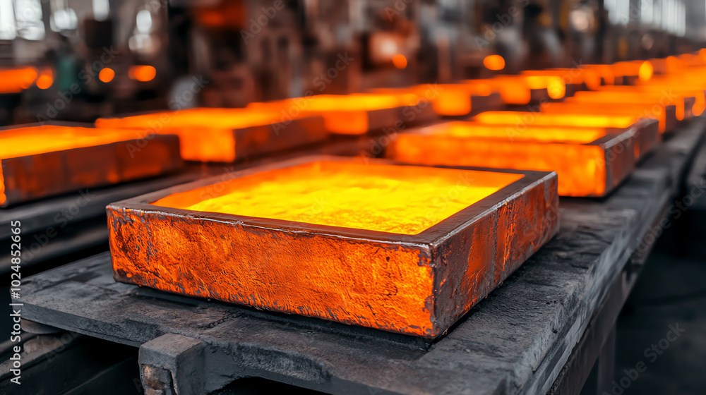 Close-up view of glowing metal blocks in an industrial workshop, showcasing the process of metal casting and manufacturing.