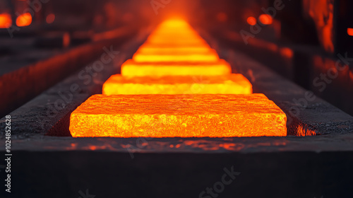 Close-up view of glowing molten metal bars cooling down in an industrial setting, showcasing the process of metal production and transformation. photo