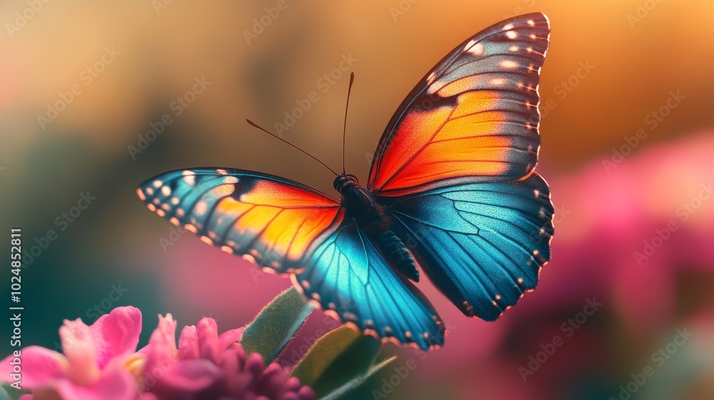 A colorful butterfly is perched on a flower A colorful butterfly is perched on a flower