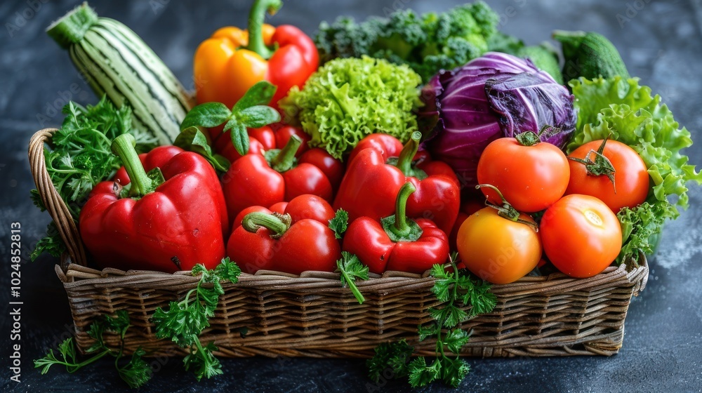 Vibrant basket filled with fresh vegetables in a rustic setting during a sunny afternoon. Generative AI Vibrant basket filled with fresh vegetables in a rustic setting during a sunny afternoon. Generative AI