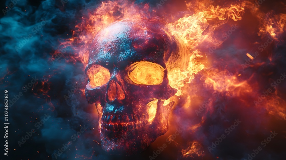 A fiery skull with flames erupting in chaotic patterns, glowing with bright hues of red, yellow, and blue. The flames twist and coil around the skull, with smoke and embers drifting in the dark, A fiery skull with flames erupting in chaotic patterns, glowing with bright hues of red, yellow, and blue. The flames twist and coil around the skull, with smoke and embers drifting in the dark,