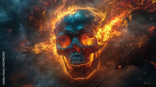 A fiery skull set against a dark, smoky backdrop, surrounded by swirling flames in vibrant shades of red, yellow, and neon blue. The flames move chaotically,