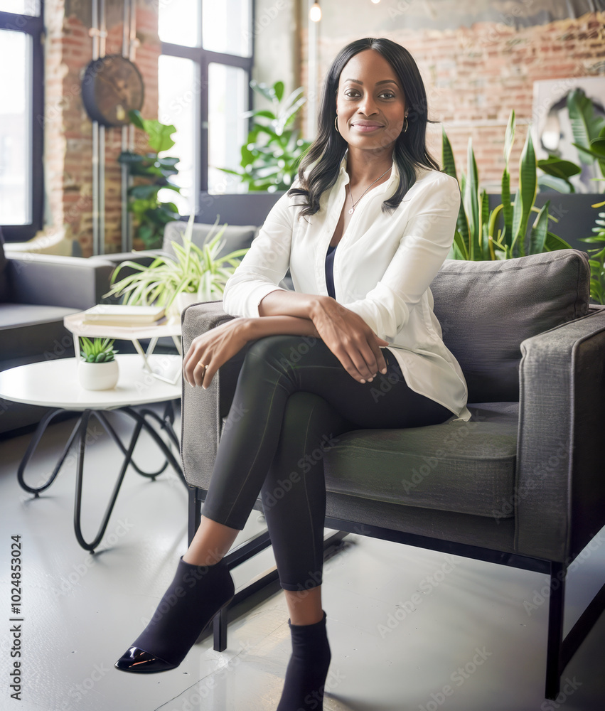 Obraz premium Confident businesswoman sitting in a modern office with industrial design and lush indoor plants.