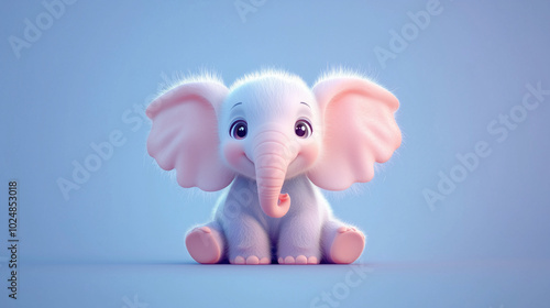A cute cartoon baby elephant with pink ears sits on a blue background.