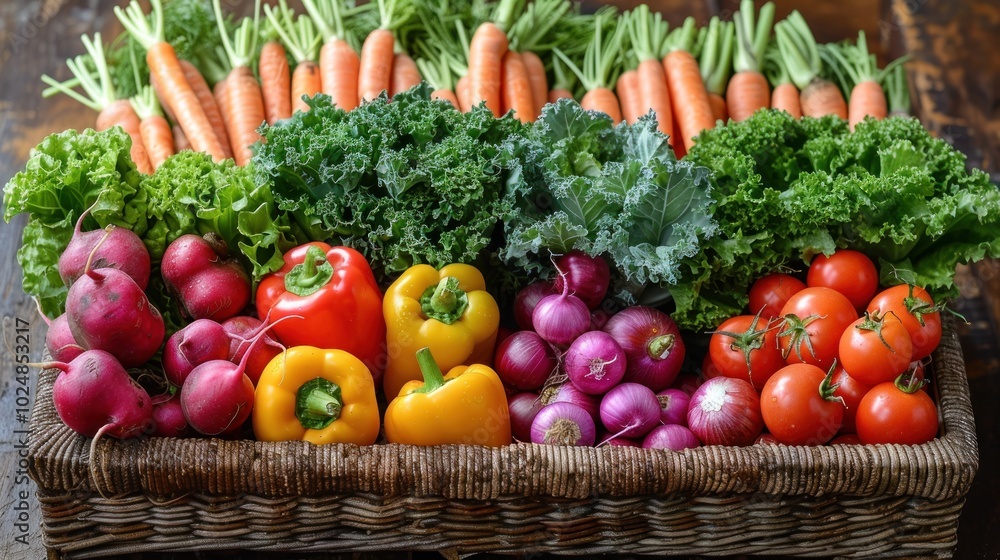 A vibrant basket brimming with fresh vegetables featuring carrots, lettuce, peppers, and tomatoes in a rustic setting. Generative AI A vibrant basket brimming with fresh vegetables featuring carrots, lettuce, peppers, and tomatoes in a rustic setting. Generative AI