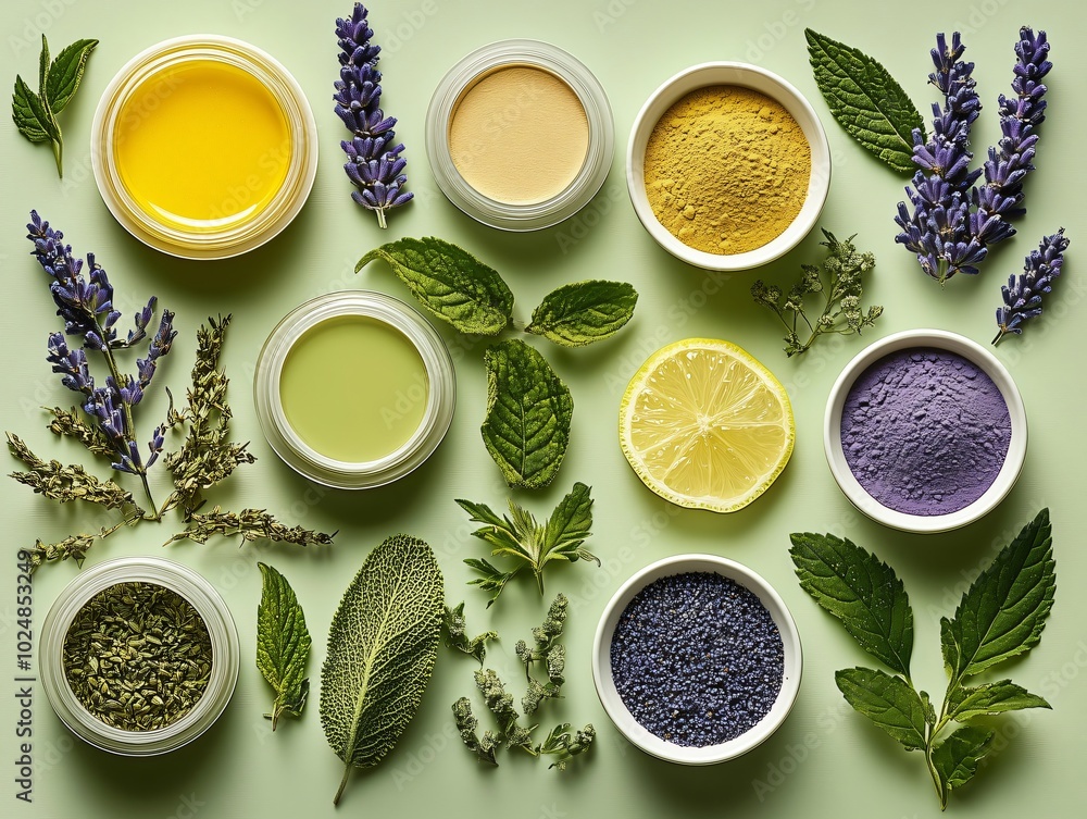 Jars of natural cosmetics, powders, lemon and herbs are lying on a green background, creating a soothing flat lay composition Jars of natural cosmetics, powders, lemon and herbs are lying on a green background, creating a soothing flat lay composition