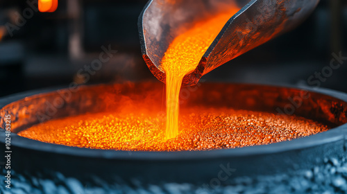 Molten metal being poured from a ladle into a casting mold, showcasing the intense heat and vibrant colors of metalworking processes.