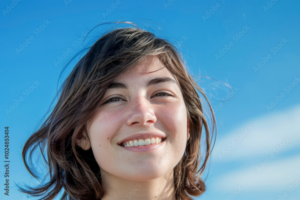 Smiling young woman enjoying a sunny day with a clear blue sky background Smiling young woman enjoying a sunny day with a clear blue sky background