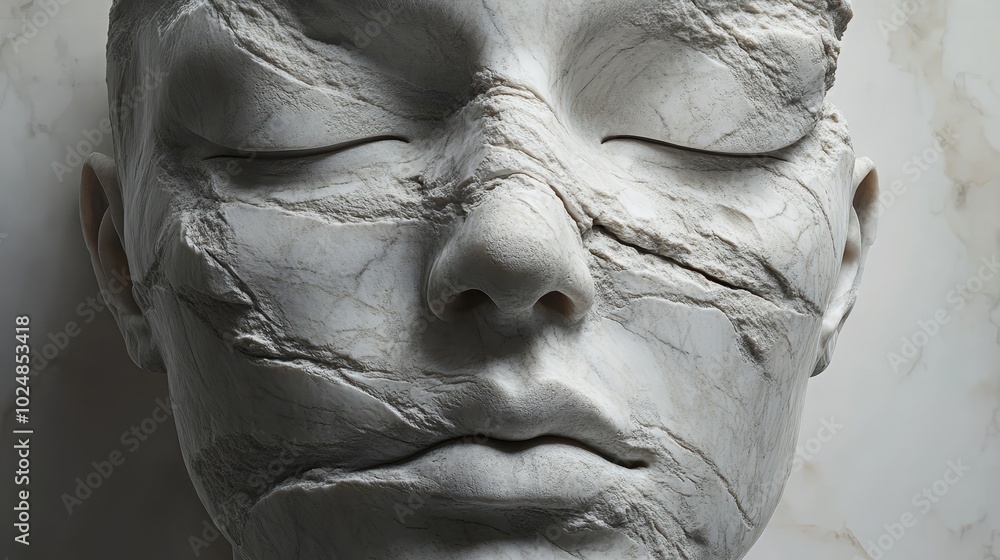 A face made of stone with a broken nose and a mouth A face made of stone with a broken nose and a mouth
