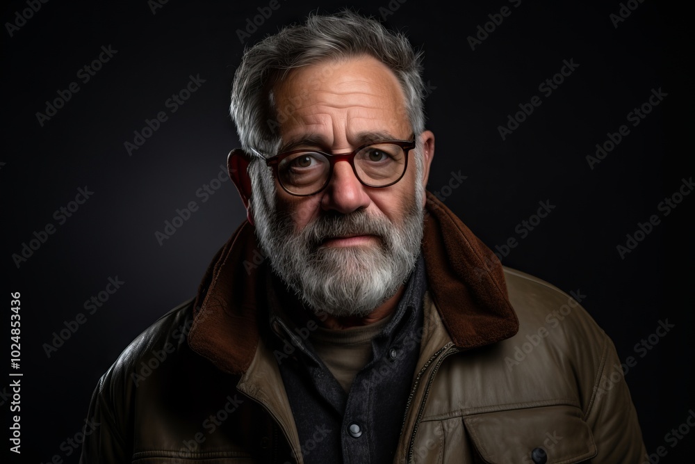 Portrait of a senior man with a gray beard and glasses in a leather jacket on a dark background. Portrait of a senior man with a gray beard and glasses in a leather jacket on a dark background.
