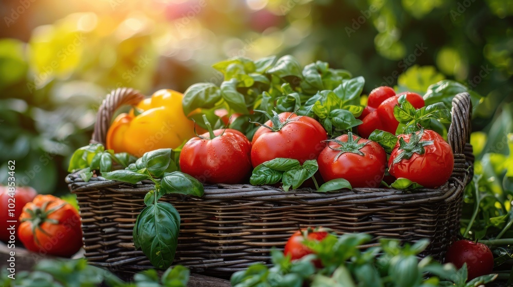 Fototapeta premium A vibrant harvest of tomatoes and basil in a rustic basket under the warm sunlight in a lush garden. Generative AI