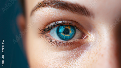 Captivating close-up view of a vibrant blue eye highlighting intricate details. The image showcases vivid colors and textures that draw in the viewer's gaze.