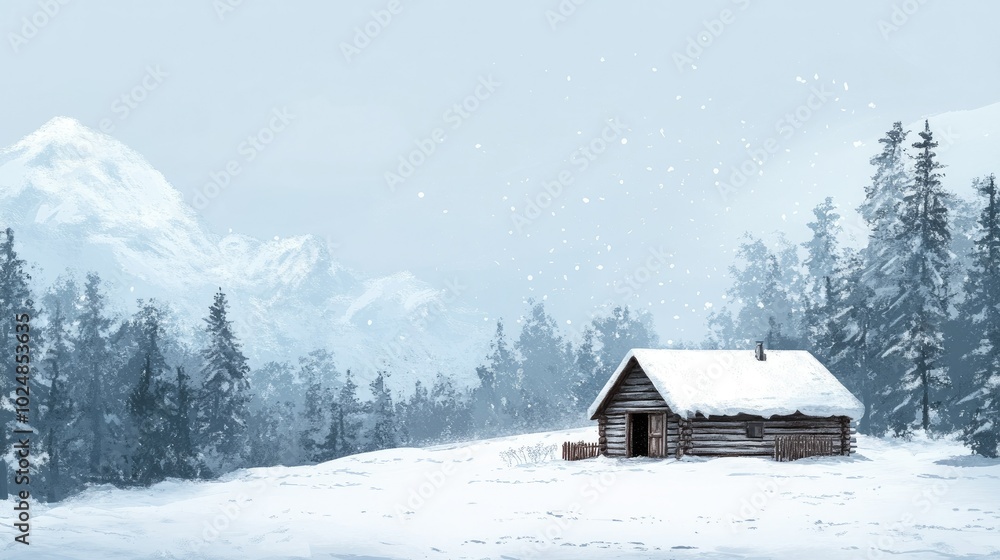 Snow-covered cabin in a winter forest with a large blank sky for text or graphics Snow-covered cabin in a winter forest with a large blank sky for text or graphics