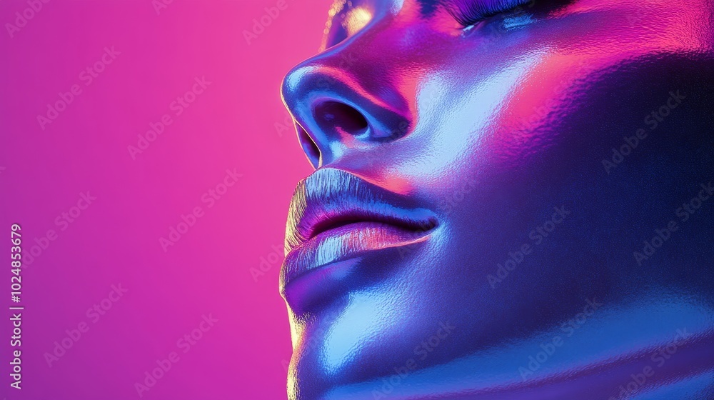 A woman's face is shown in a purple background A woman's face is shown in a purple background