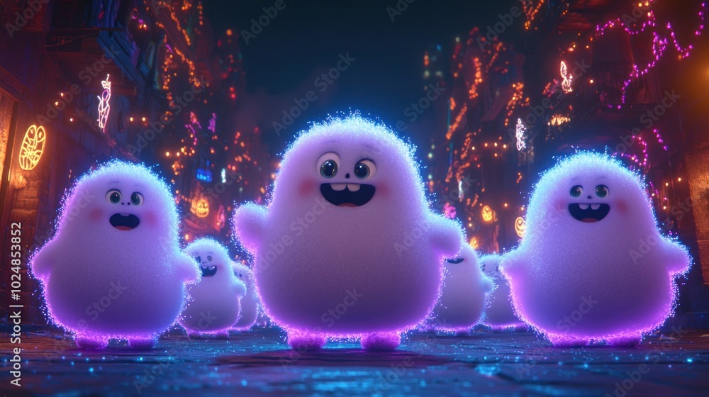 A delightful Halloween parade of glowing, fluffy ghost characters spreading joy in a vibrant, neon-lit alleyway filled with decorations. A delightful Halloween parade of glowing, fluffy ghost characters spreading joy in a vibrant, neon-lit alleyway filled with decorations.