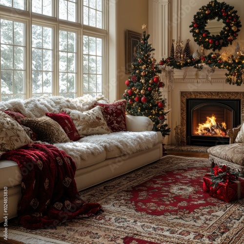 Cozy holiday living room with festive decorations, comfortable sofa, and a crackling fireplace, perfect for winter gatherings.