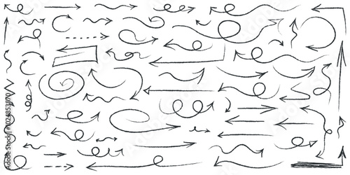 Doodle handdrawn arrow collectionon white background. Black hand drawn sketch, scribble, line elements. Set with arrows in pen style for business, web. Isolated vector illustration.