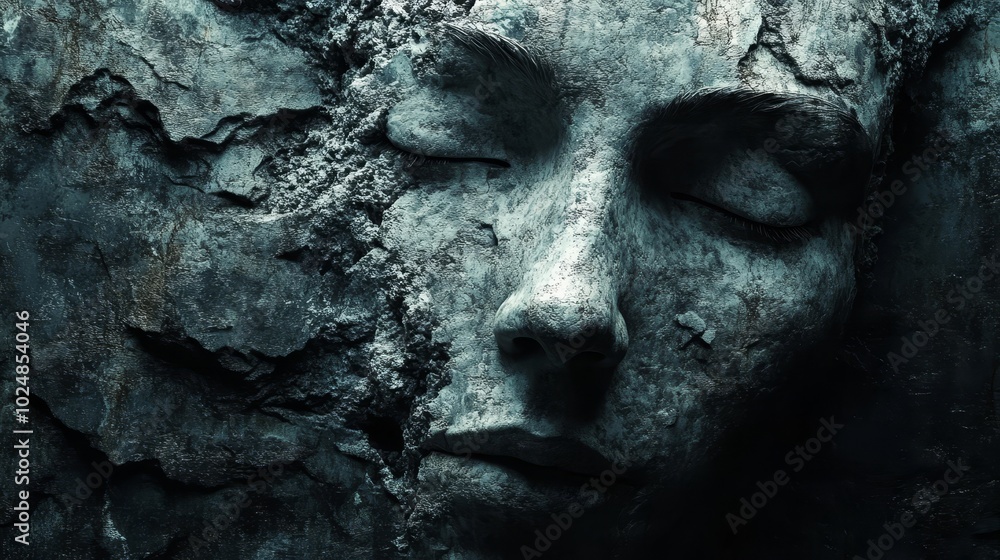A woman's face is carved into a rock A woman's face is carved into a rock