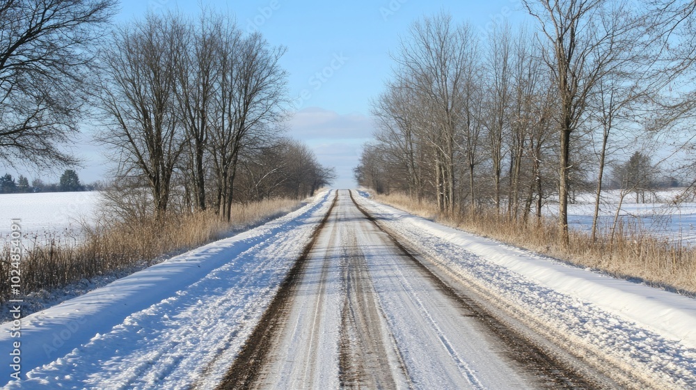 Snow-covered country road lined with bare trees, offering room for copy space in the sky Snow-covered country road lined with bare trees, offering room for copy space in the sky