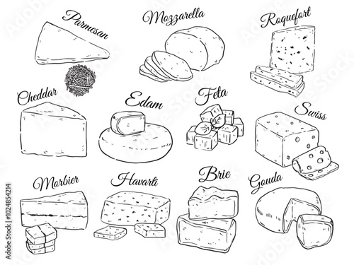 Collection of various kind of cheese hand drawn outline drawing vector food illustration set3
