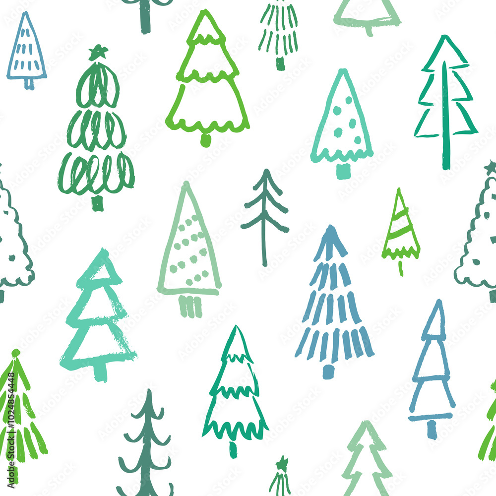 Christmas tree pattern with hand drawn doodle pine trees on white background. Marker drawing in vector. Festive illustration for winter holidays, wrapping paper and more Christmas tree pattern with hand drawn doodle pine trees on white background. Marker drawing in vector. Festive illustration for winter holidays, wrapping paper and more