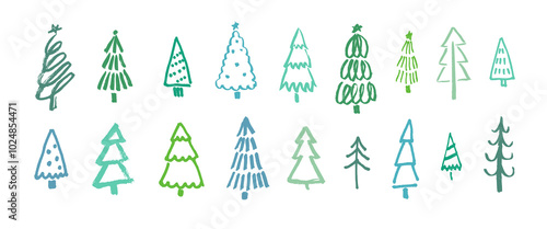 Hand drawn Christmas trees collection. Marker style sketch of pine in vector. Illustration of trees in different shapes isolated on white background