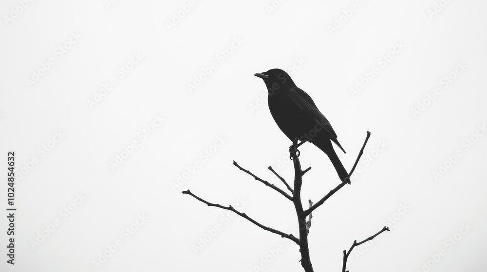 A black silhouette of a perched bird, sharply outlined against a brilliant white background, offering strong visual contrast and simplicity. A black silhouette of a perched bird, sharply outlined against a brilliant white background, offering strong visual contrast and simplicity.