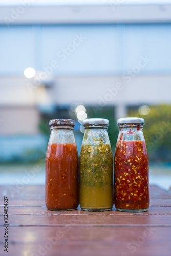 Three bottles of various dipping for mookata a spicy dipping sauce on wood table photo