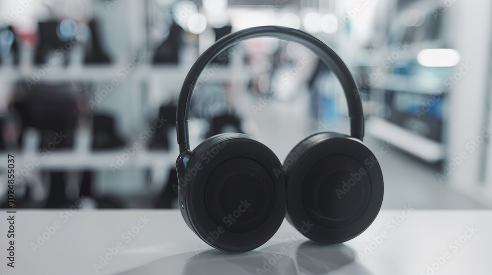 Sleek black headphones on white background, attractively positioned with slight tilt, symbolizing a sale, emphasizing modern design and audio technology. Sleek black headphones on white background, attractively positioned with slight tilt, symbolizing a sale, emphasizing modern design and audio technology.