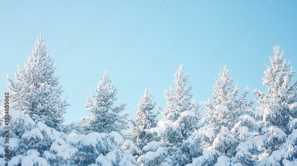 Snow-covered pine trees against a clear blue winter sky, with a large area of copy space for text Snow-covered pine trees against a clear blue winter sky, with a large area of copy space for text
