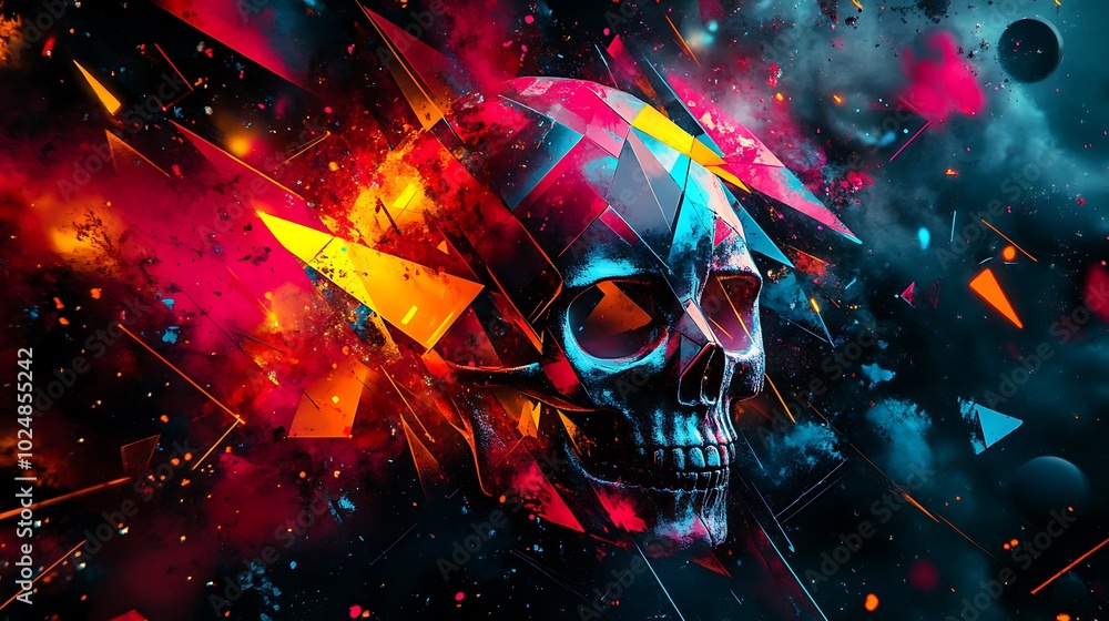 A geometric skull with interlocking shapes—triangles, squares, and spheres—covered in abstract graffiti patterns and luminous colors like neon red, yellow, and blue. A geometric skull with interlocking shapes—triangles, squares, and spheres—covered in abstract graffiti patterns and luminous colors like neon red, yellow, and blue.
