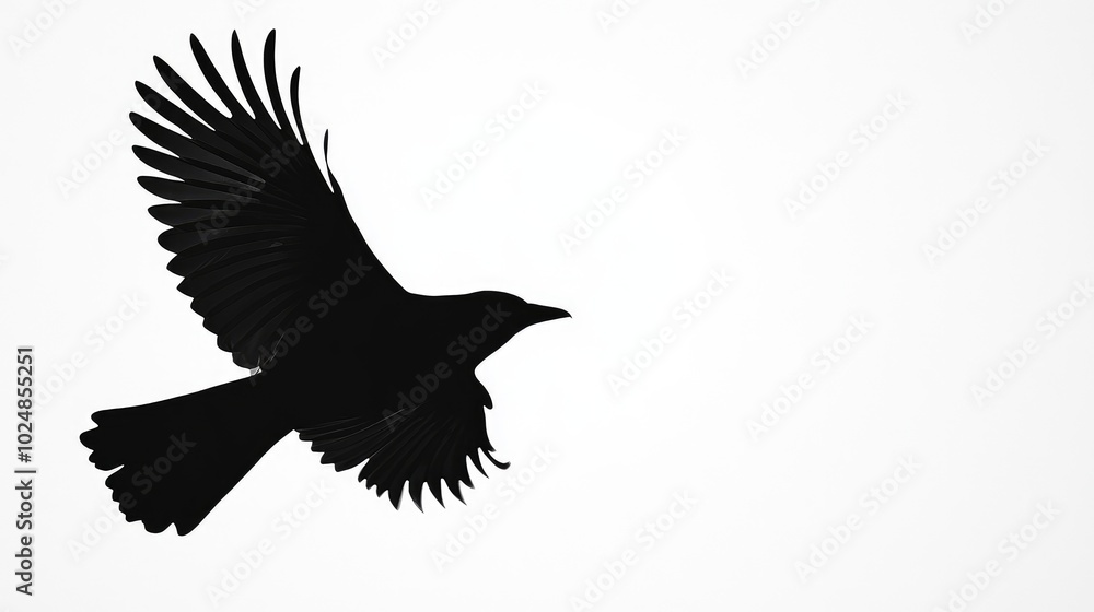 Fototapeta premium Black silhouette of a bird flying gracefully, highlighted against a bright, empty white background for a minimalist, impactful image.