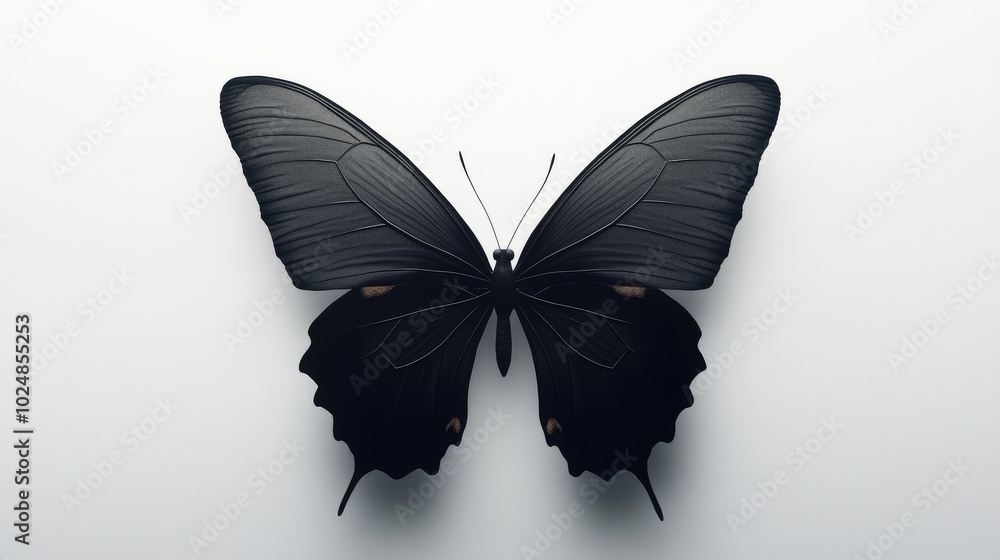 Fototapeta premium Black butterfly silhouette with wings spread wide, creating a strong contrast against a simple, bright white background.