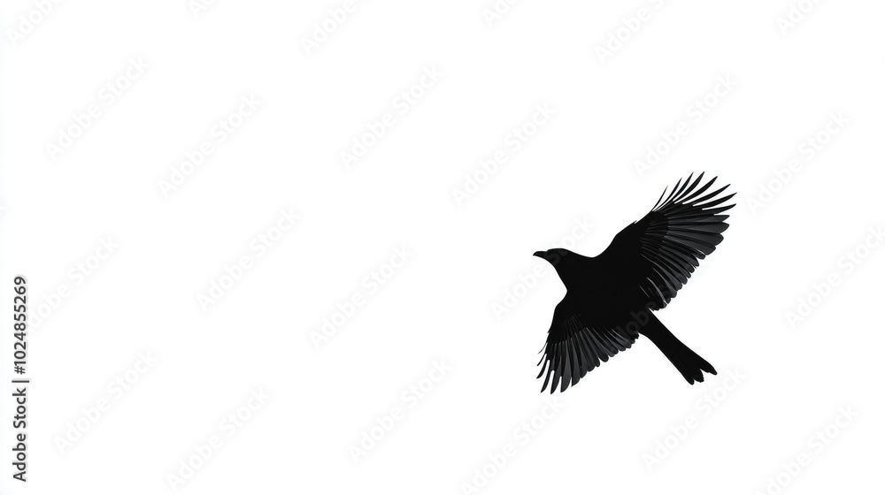 Fototapeta premium Black silhouette of a bird flying gracefully, highlighted against a bright, empty white background for a minimalist, impactful image.