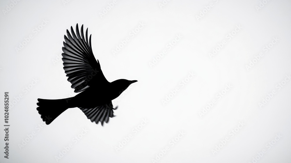 Fototapeta premium Black silhouette of a bird mid-flight, starkly set against a bright white background, emphasizing simplicity and contrast.