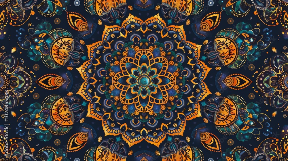 A complex, intricate mandala pattern in shades of blue, gold, and teal. A complex, intricate mandala pattern in shades of blue, gold, and teal.