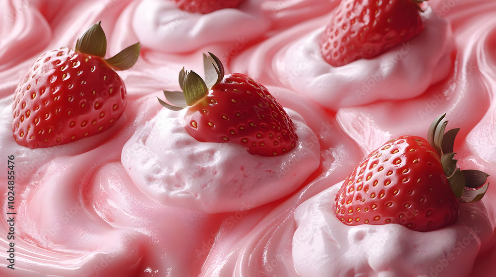 A close-up of pink dessert topped with fresh strawberries. A close-up of pink dessert topped with fresh strawberries.