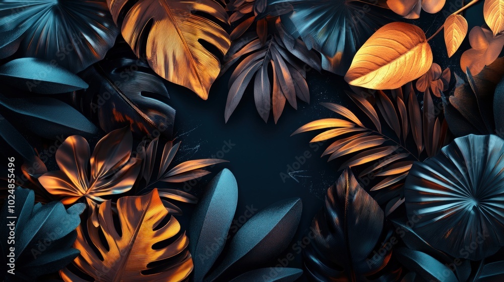 A dark background with metallic gold and black tropical leaves arranged in a frame. A dark background with metallic gold and black tropical leaves arranged in a frame.