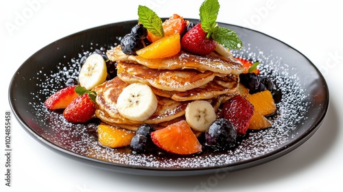 Delicious pancakes topped with fresh fruits and dusted with powdered sugar, perfect for a breakfast treat or brunch.