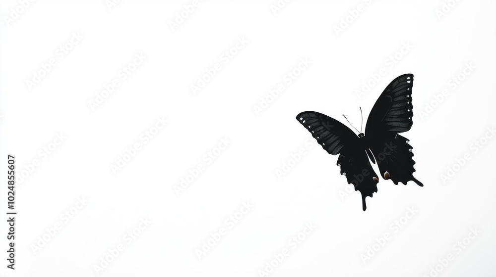Butterfly in flight, captured as a black silhouette, standing out vividly against a stark white background for a minimalist scene. Butterfly in flight, captured as a black silhouette, standing out vividly against a stark white background for a minimalist scene.